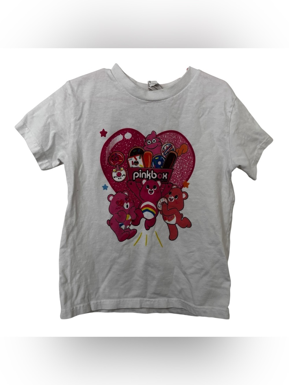 3/$15 Pinkbox doughnuts White Tee with Pink Heart Care Bears Graphic size 5/6